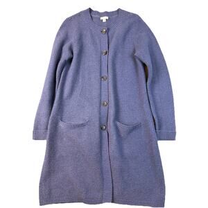 J Jill Sweater Cardigan Duster Small Blue Pockets Button Knit Quiet Luxury Cott